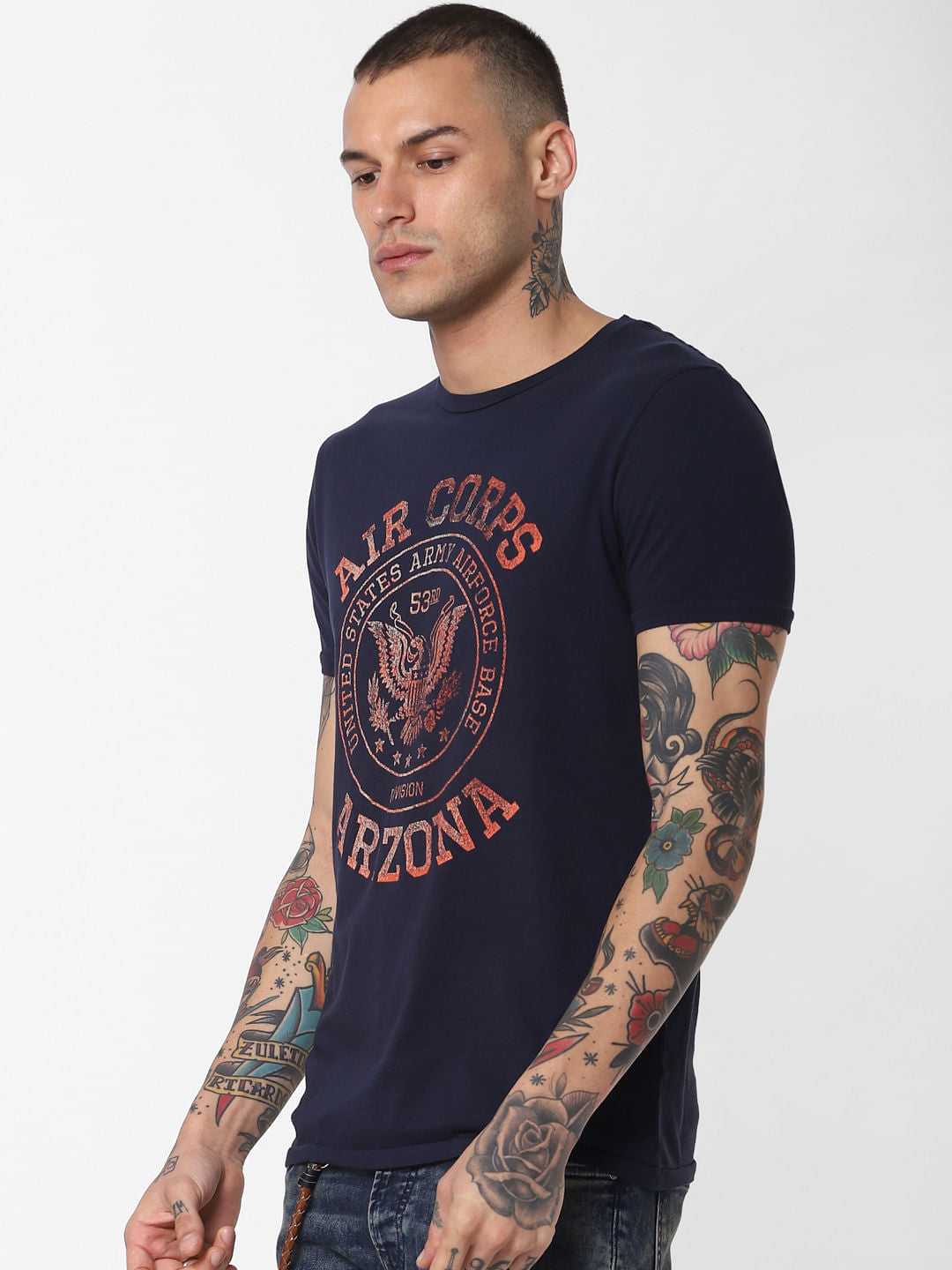 Navy Blue Text Print Crew Neck T-Shirt