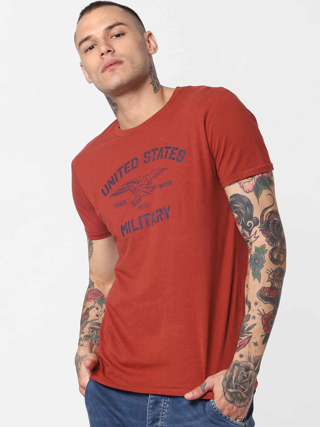 Red Text Print Crew Neck T-Shirt - S