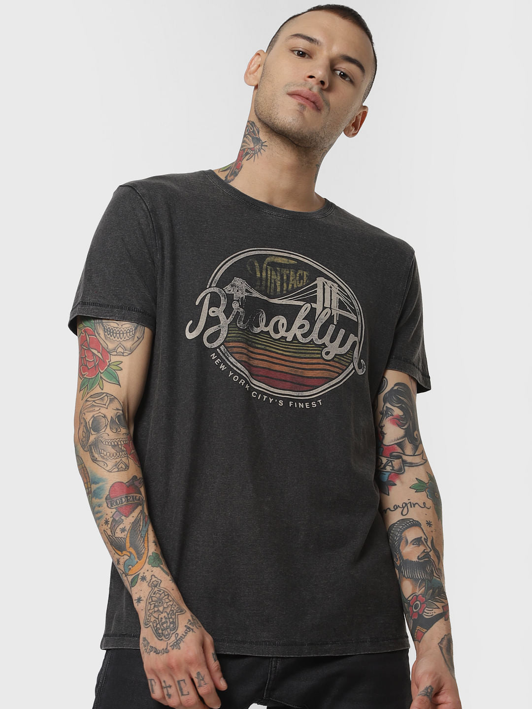 Black Chest Print Crew Neck T-Shirt