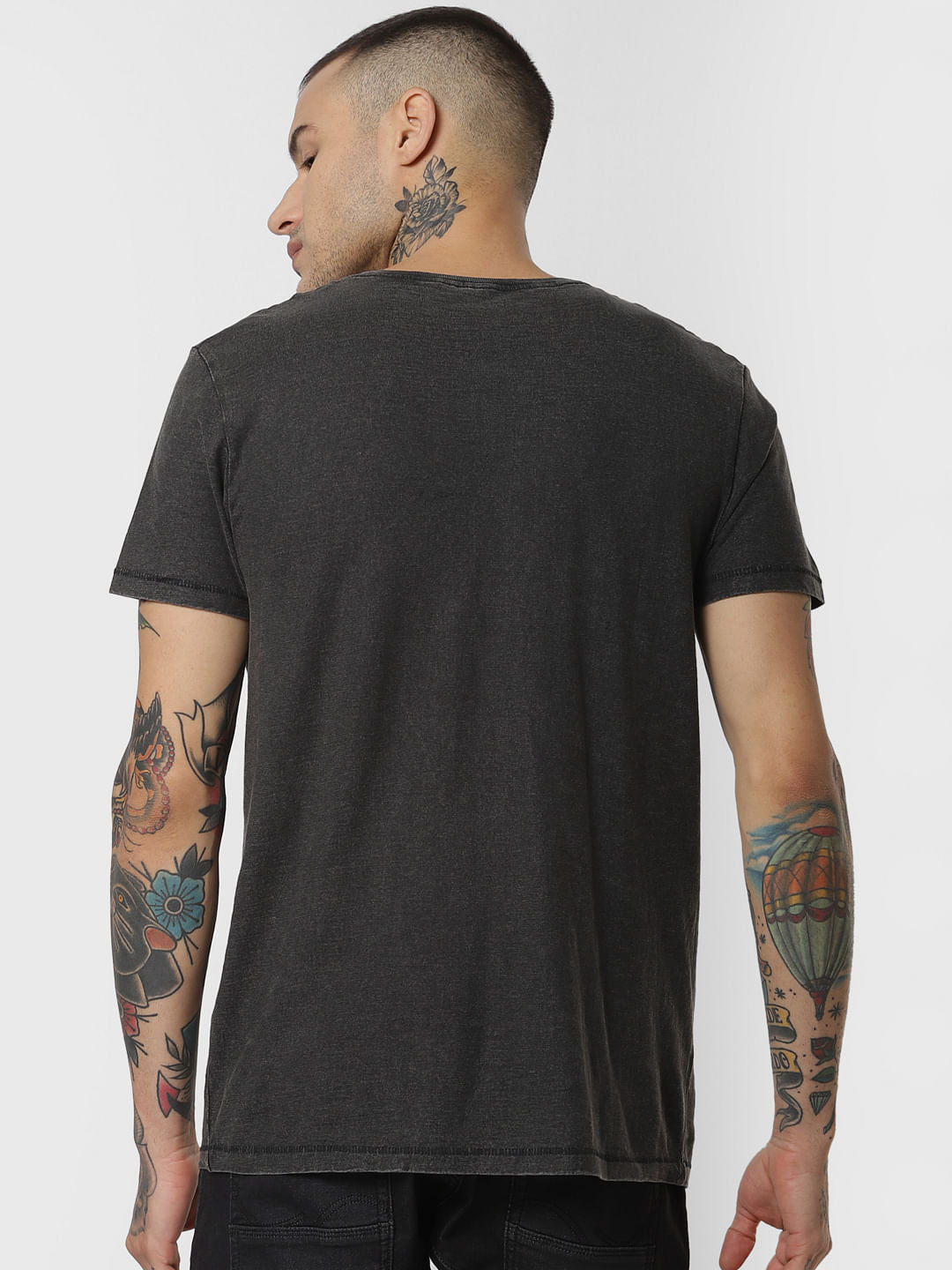 Black Chest Print Crew Neck T-Shirt