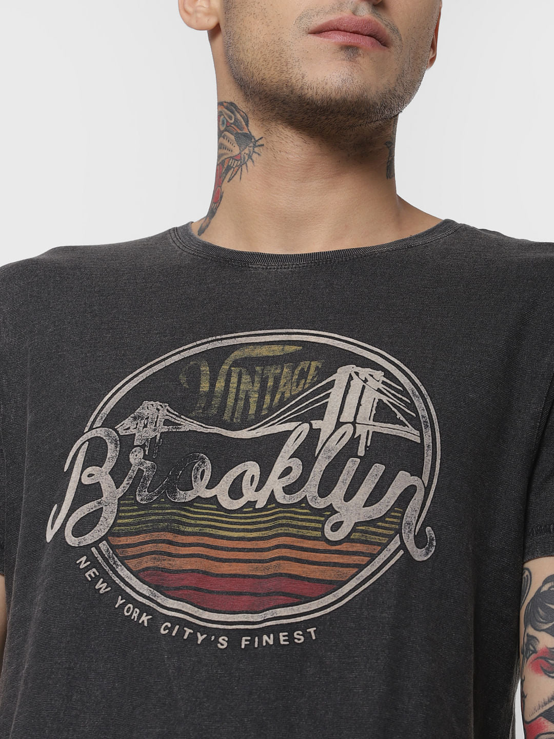 Black Chest Print Crew Neck T-Shirt