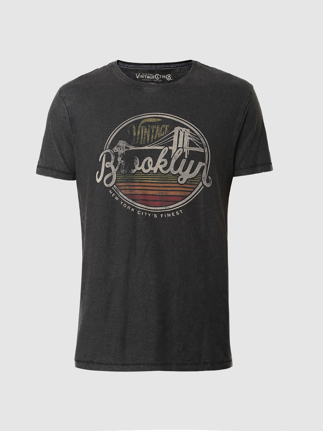 Black Chest Print Crew Neck T-Shirt