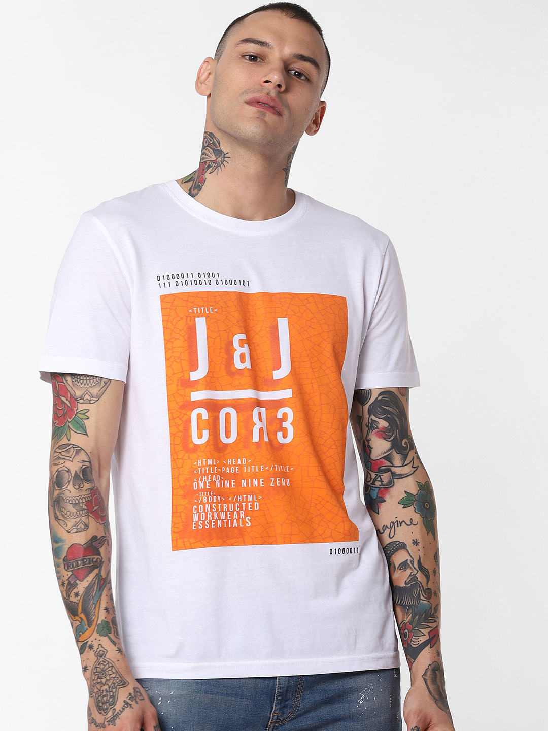 White Patch Print Crew Neck T-Shirt - S