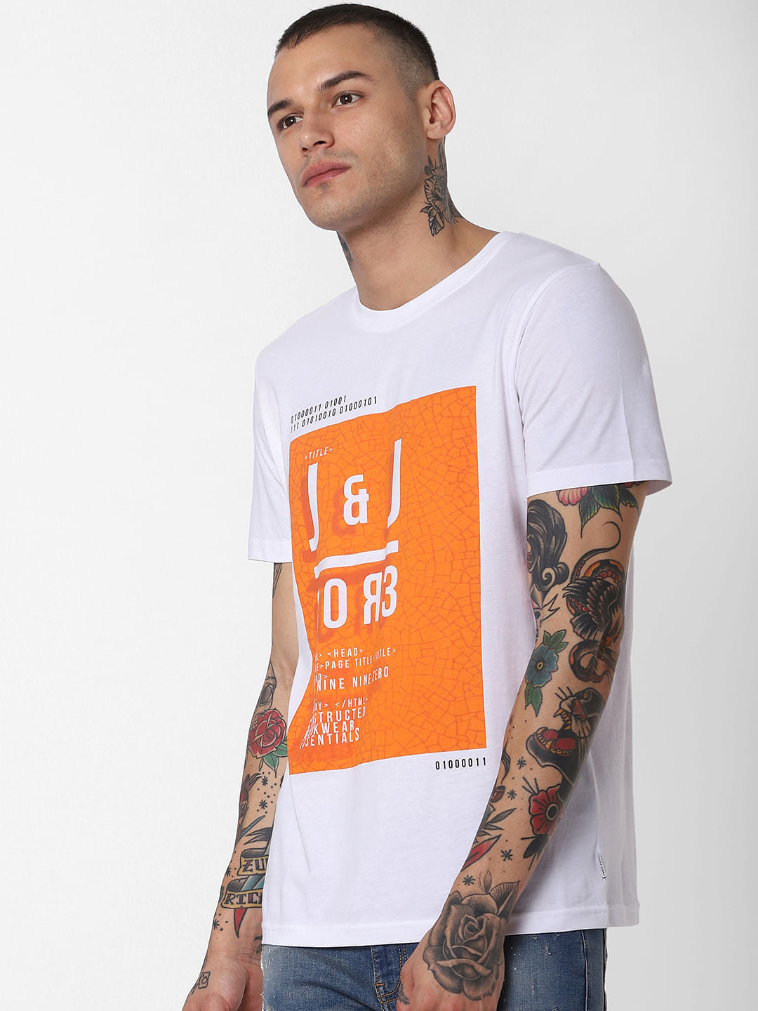 White Patch Print Crew Neck T-Shirt