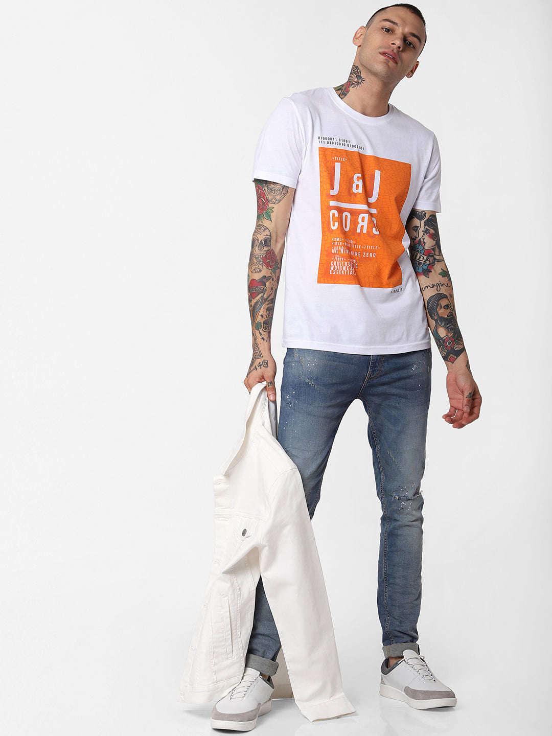 White Patch Print Crew Neck T-Shirt