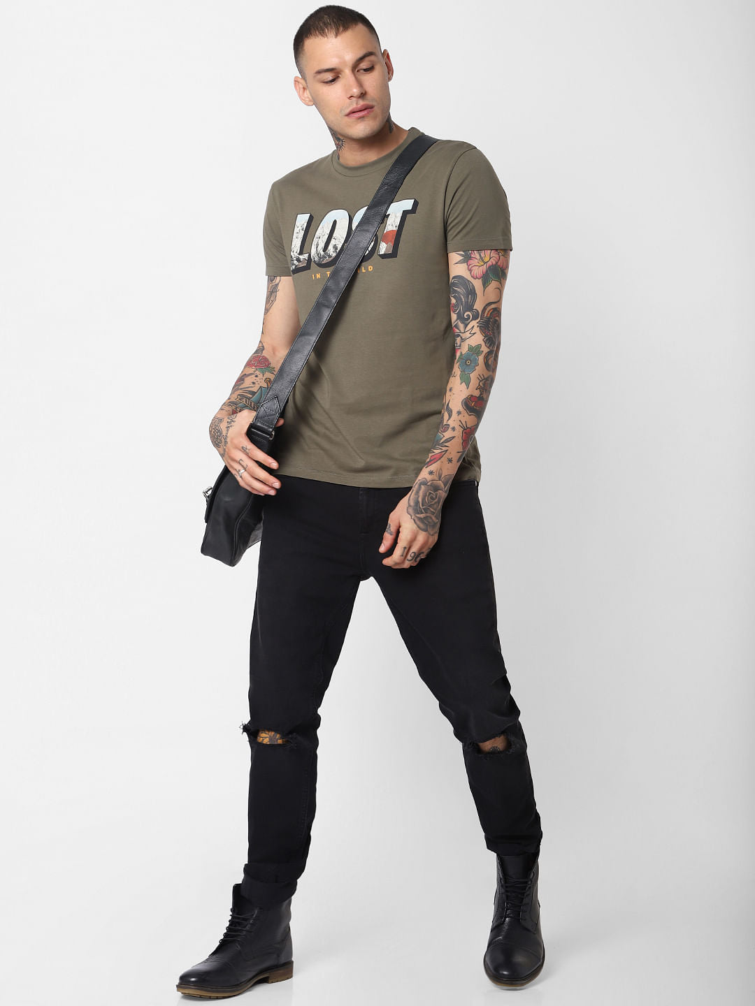 Green Lost Text Print Crew Neck T-Shirt