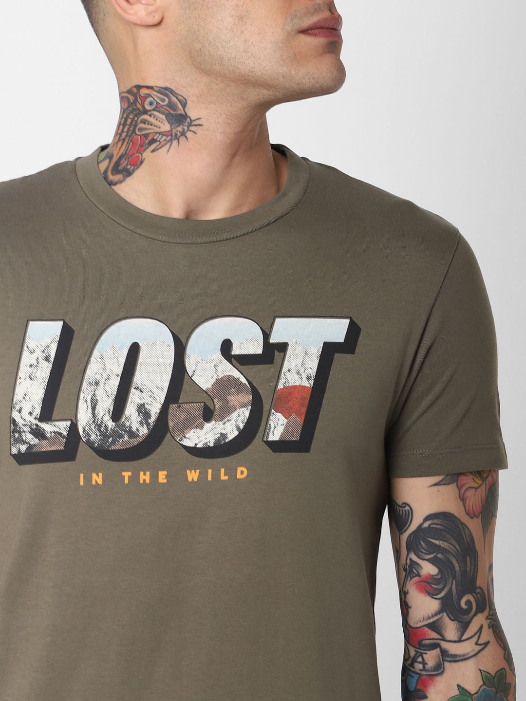 Green Lost Text Print Crew Neck T-Shirt