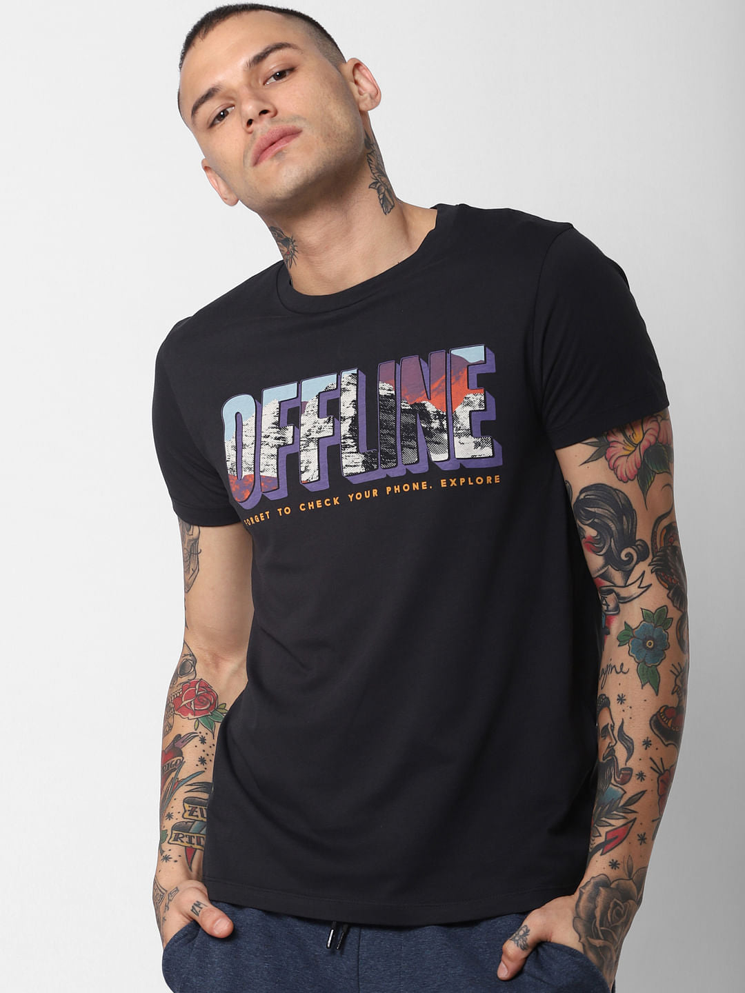 Black Offline Text Print Crew Neck T-Shirt - S