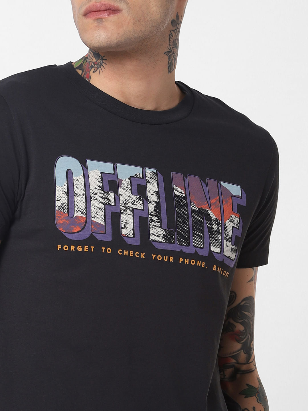 Black Offline Text Print Crew Neck T-Shirt