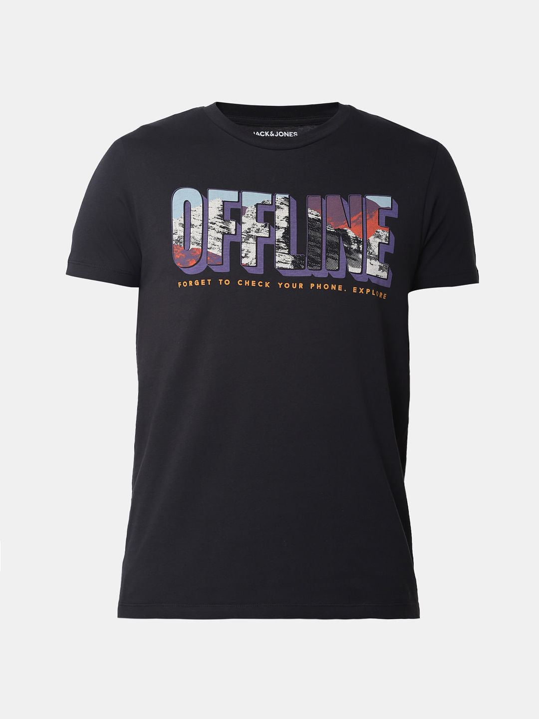 Black Offline Text Print Crew Neck T-Shirt