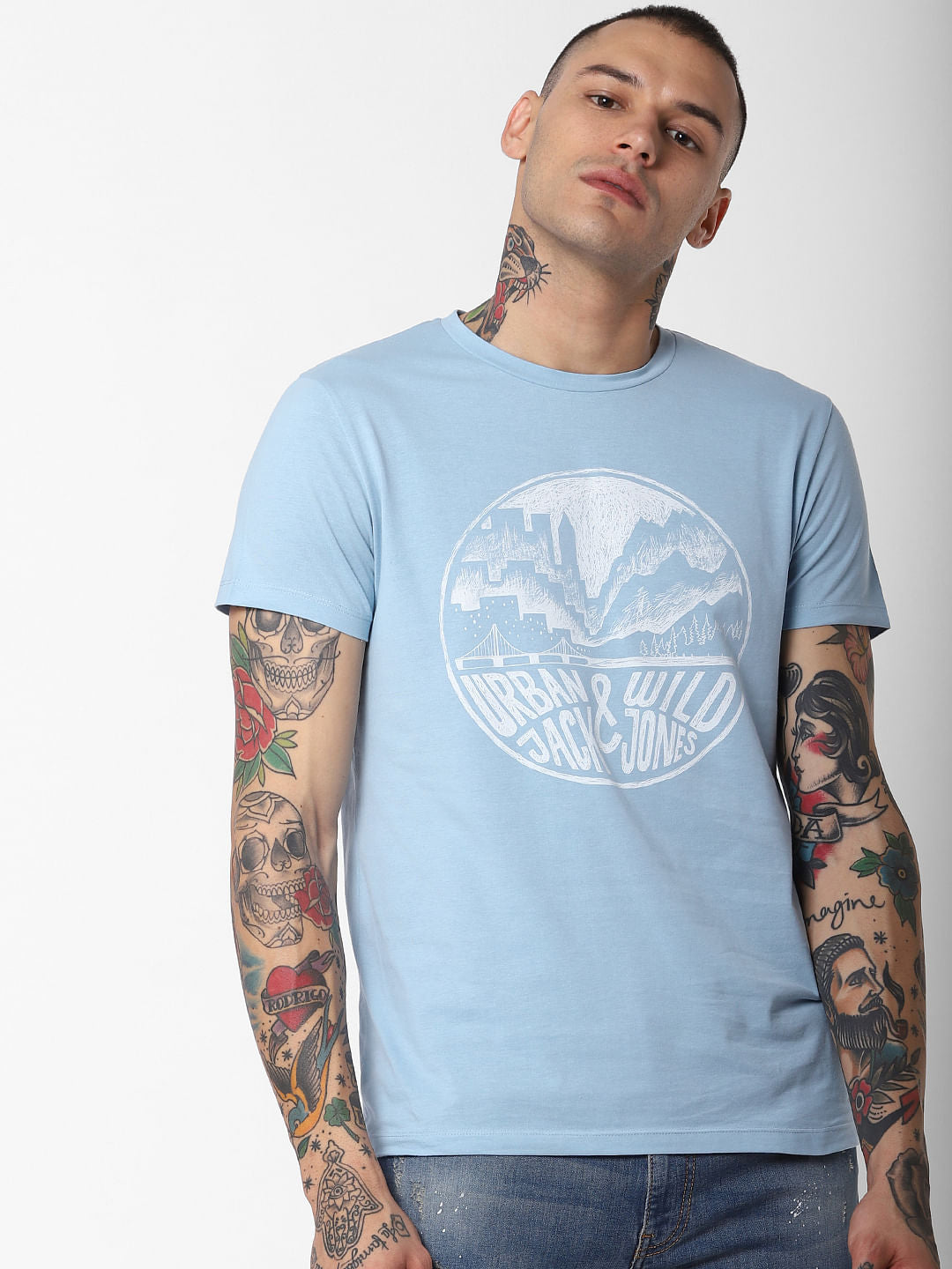 Light Blue Graphic Print Crew Neck T-Shirt