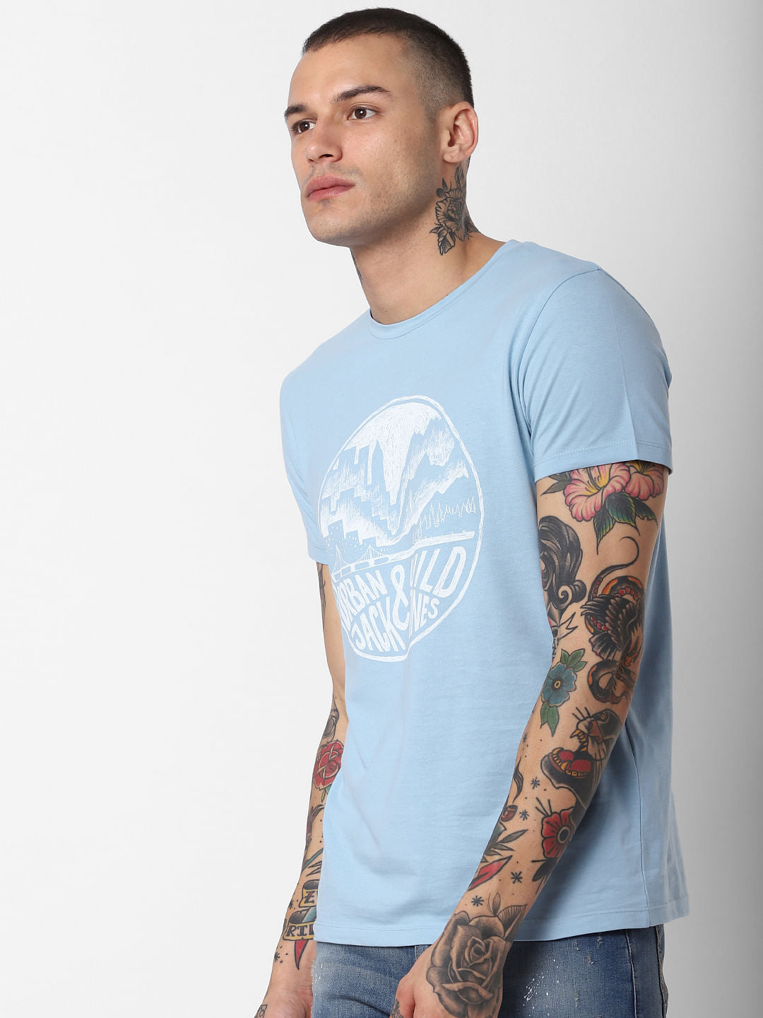 Light Blue Graphic Print Crew Neck T-Shirt