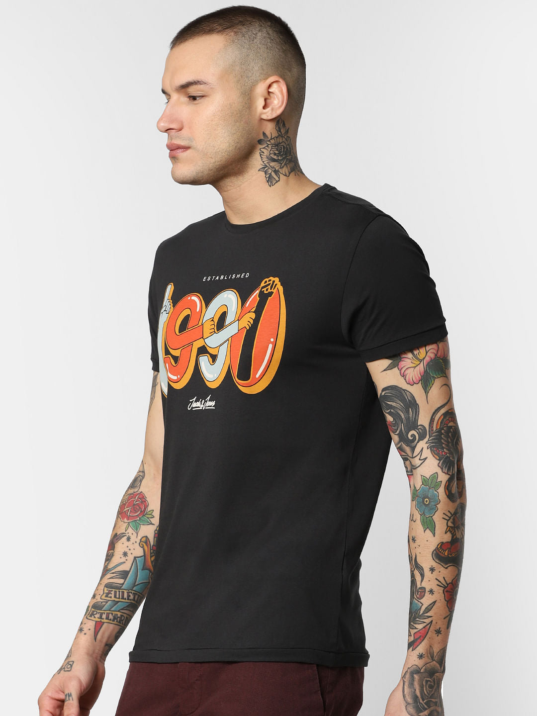 Black Typographic Print Crew Neck T-Shirt