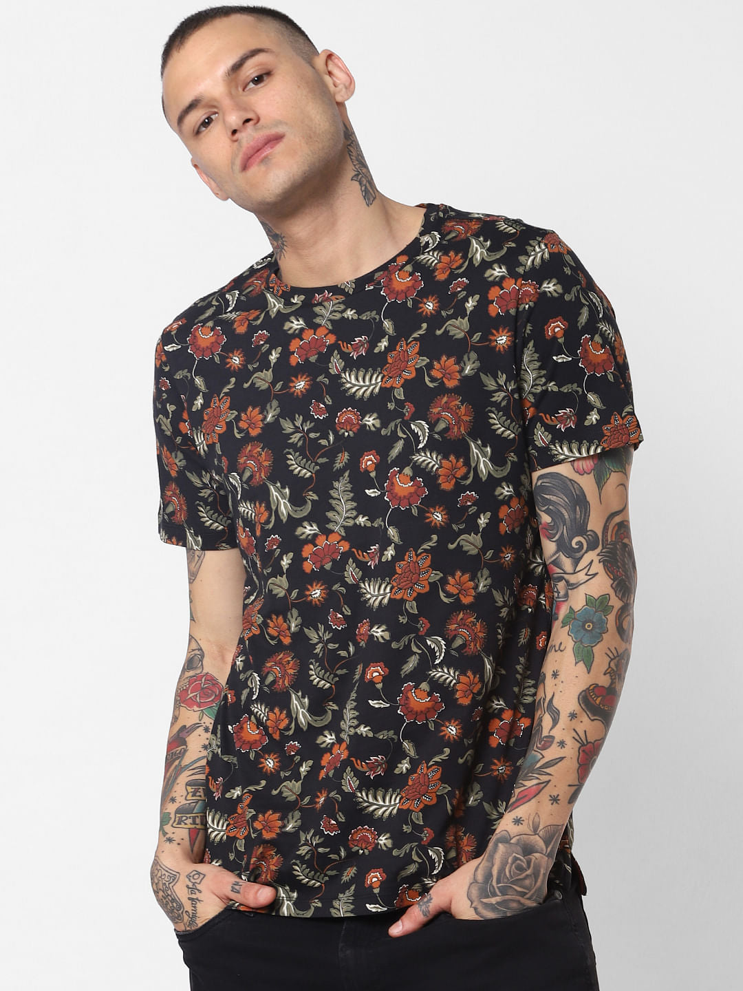 Black All Over Print Crew Neck T-Shirt - S