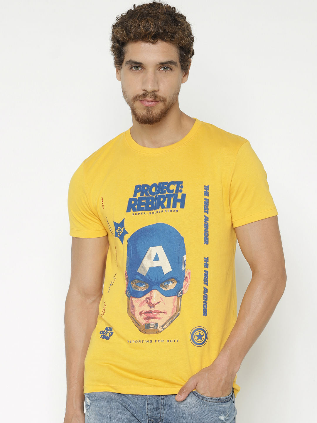 X Avengers Yellow Captain America Print Crew Neck T-Shirt - S