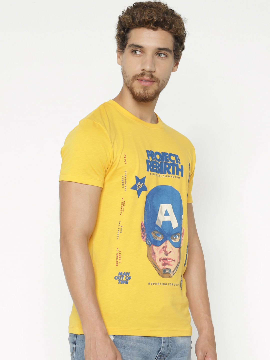 X Avengers Yellow Captain America Print Crew Neck T-Shirt