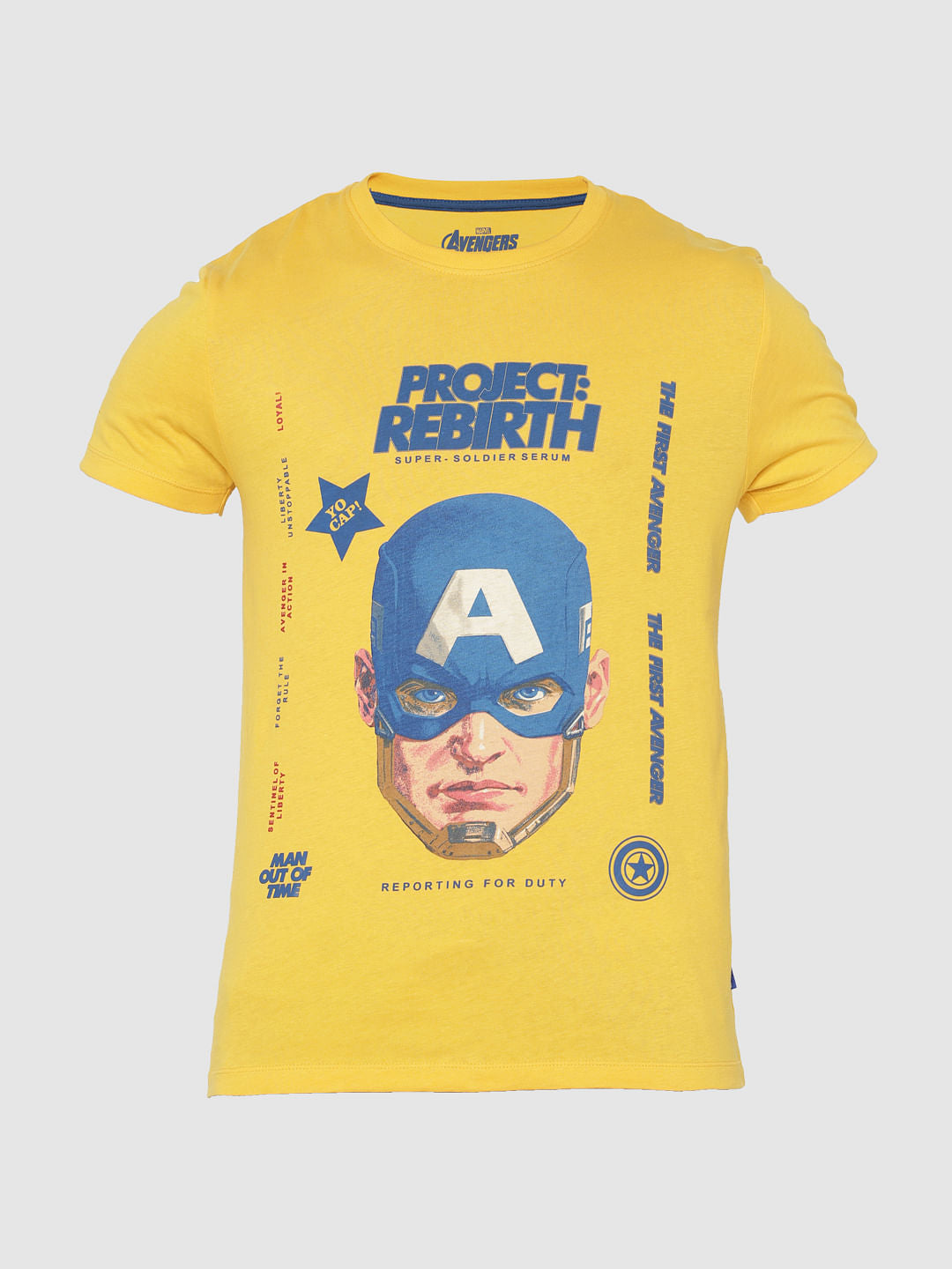 X Avengers Yellow Captain America Print Crew Neck T-Shirt