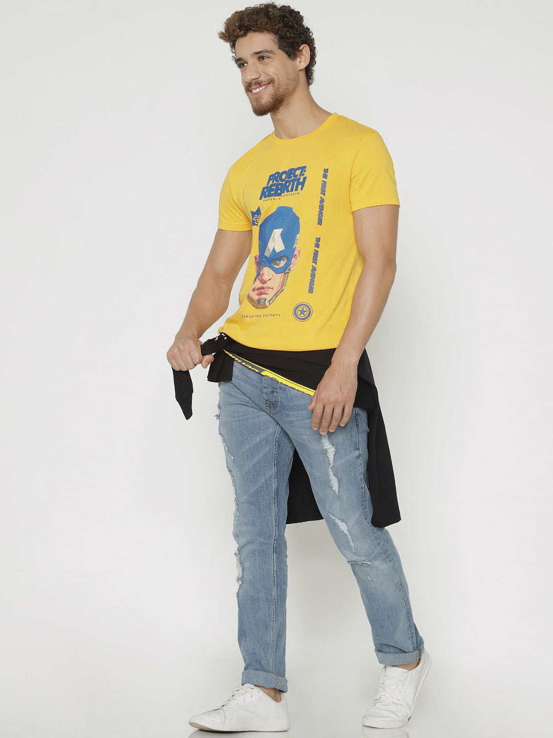 X Avengers Yellow Captain America Print Crew Neck T-Shirt