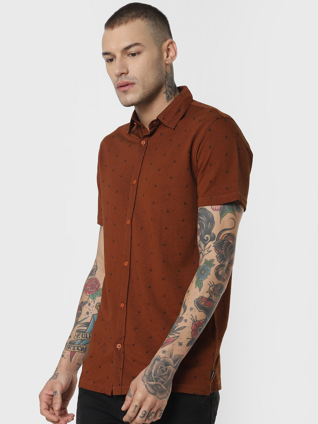 Dark Brown All Over Print Short Sleeves Shirt