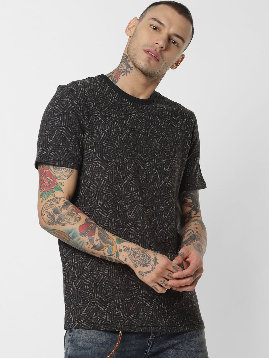 Black All Over Print Crew Neck T-Shirt