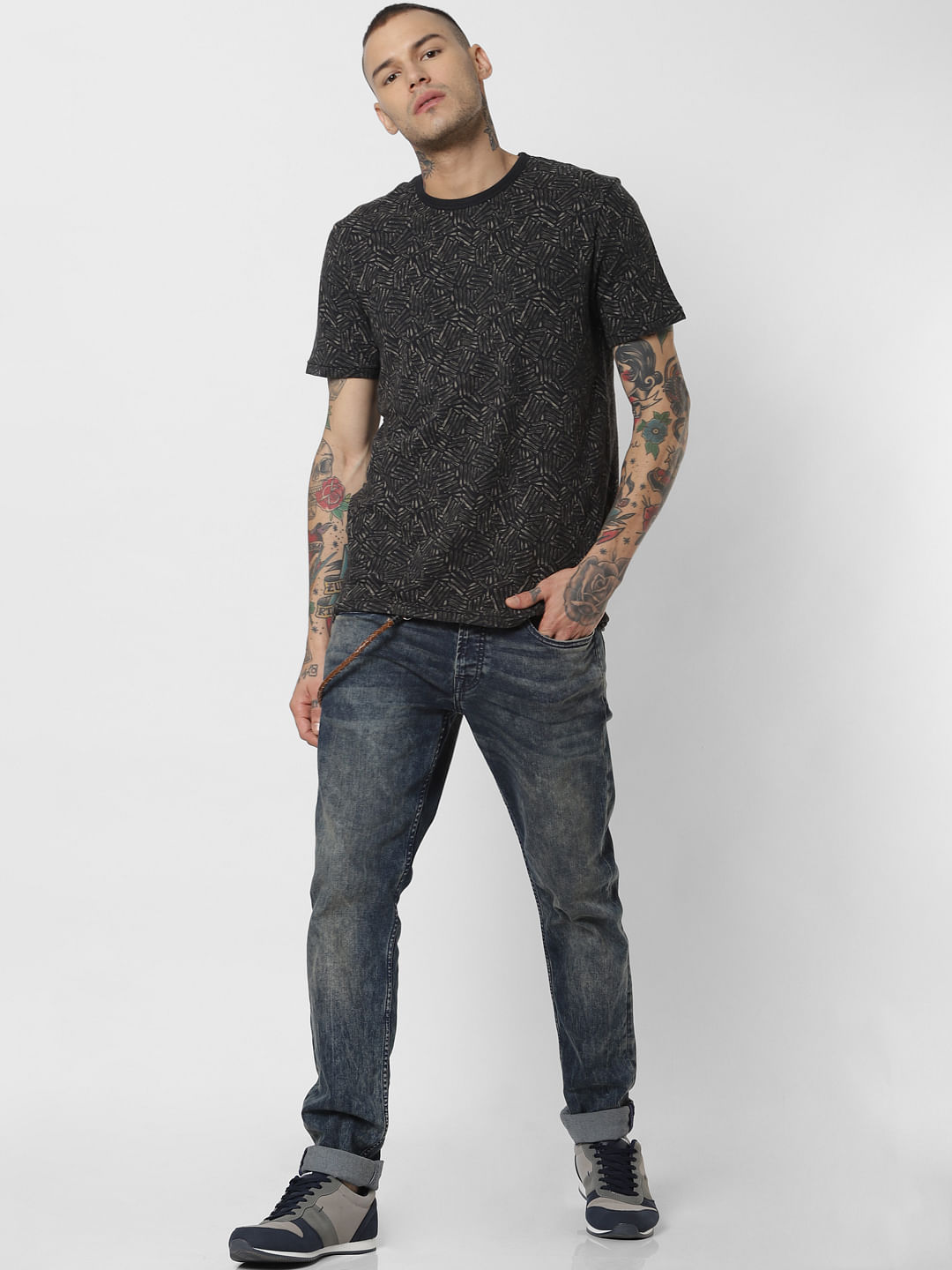 Black All Over Print Crew Neck T-Shirt