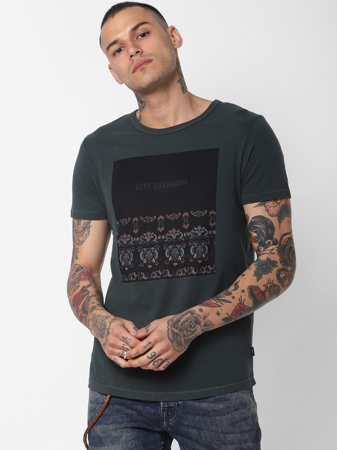 Dark Green Graphic Print Crew Neck T-Shirt - S