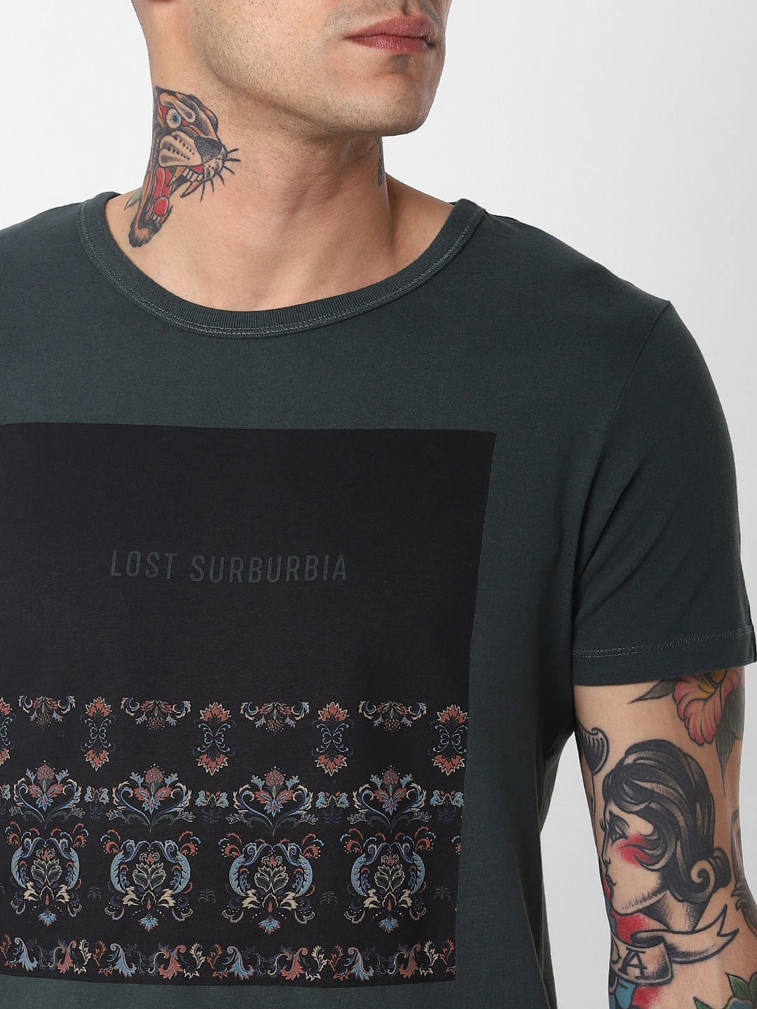 Dark Green Graphic Print Crew Neck T-Shirt