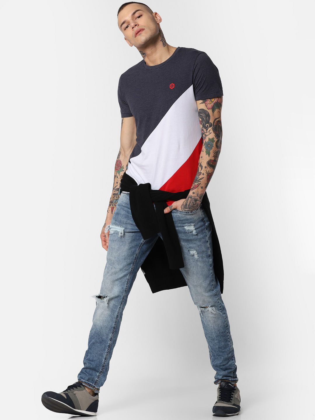 Navy Blue Colourblocked Crew Neck T-Shirt - S