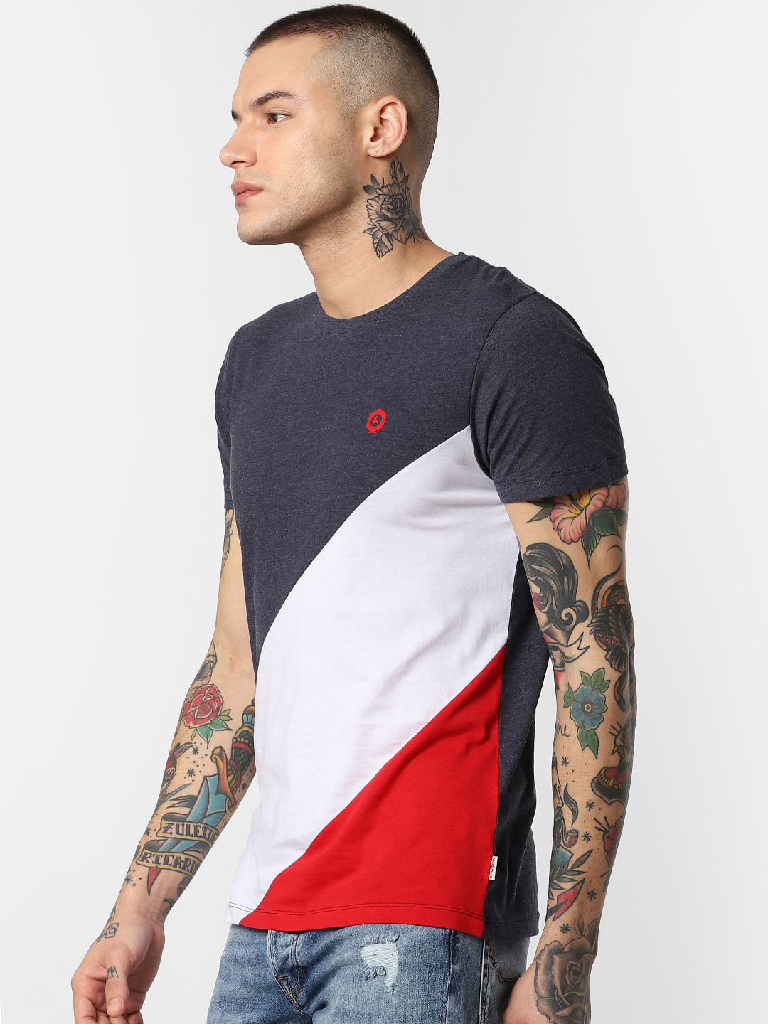 Navy Blue Colourblocked Crew Neck T-Shirt