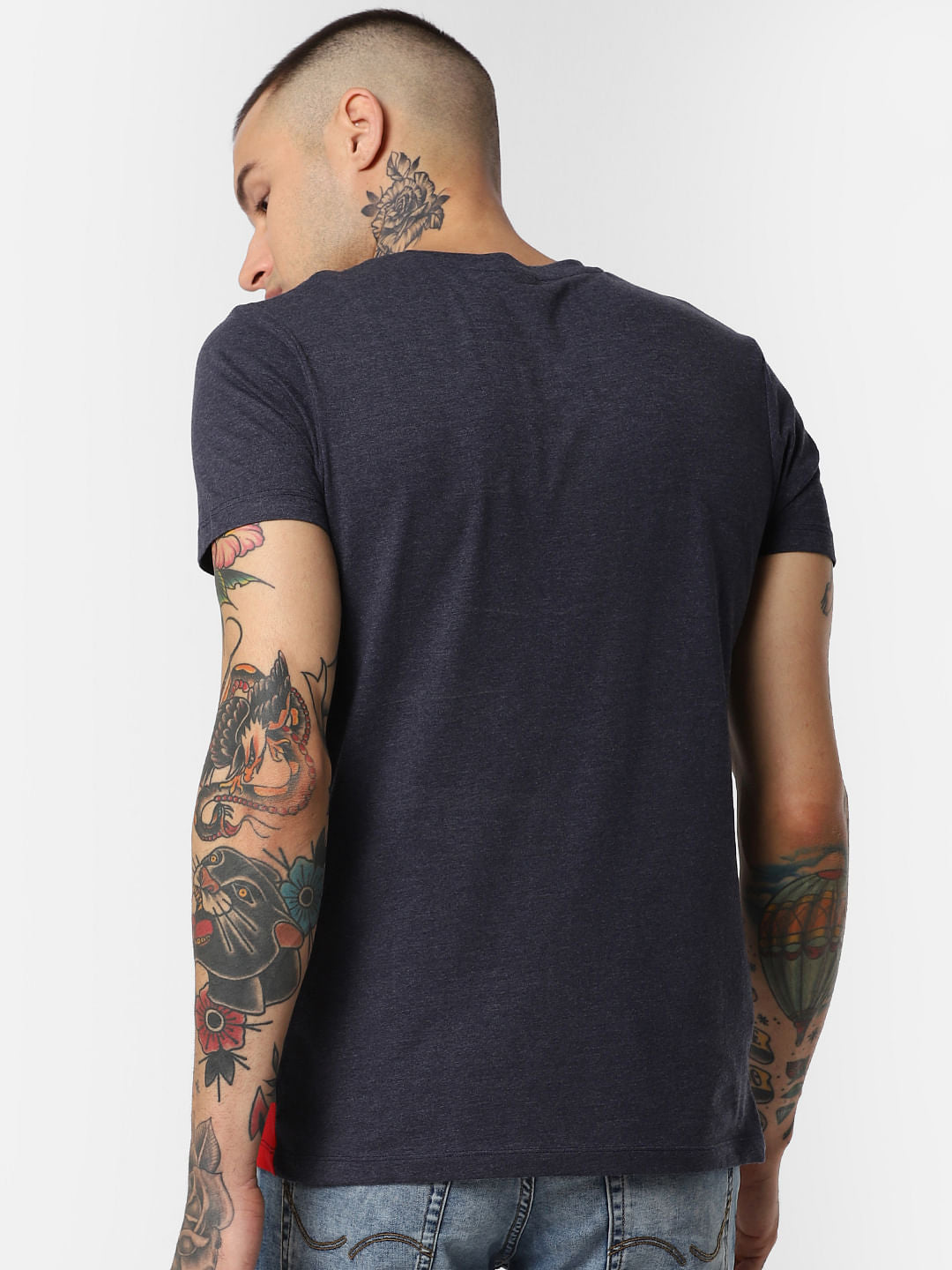 Navy Blue Colourblocked Crew Neck T-Shirt