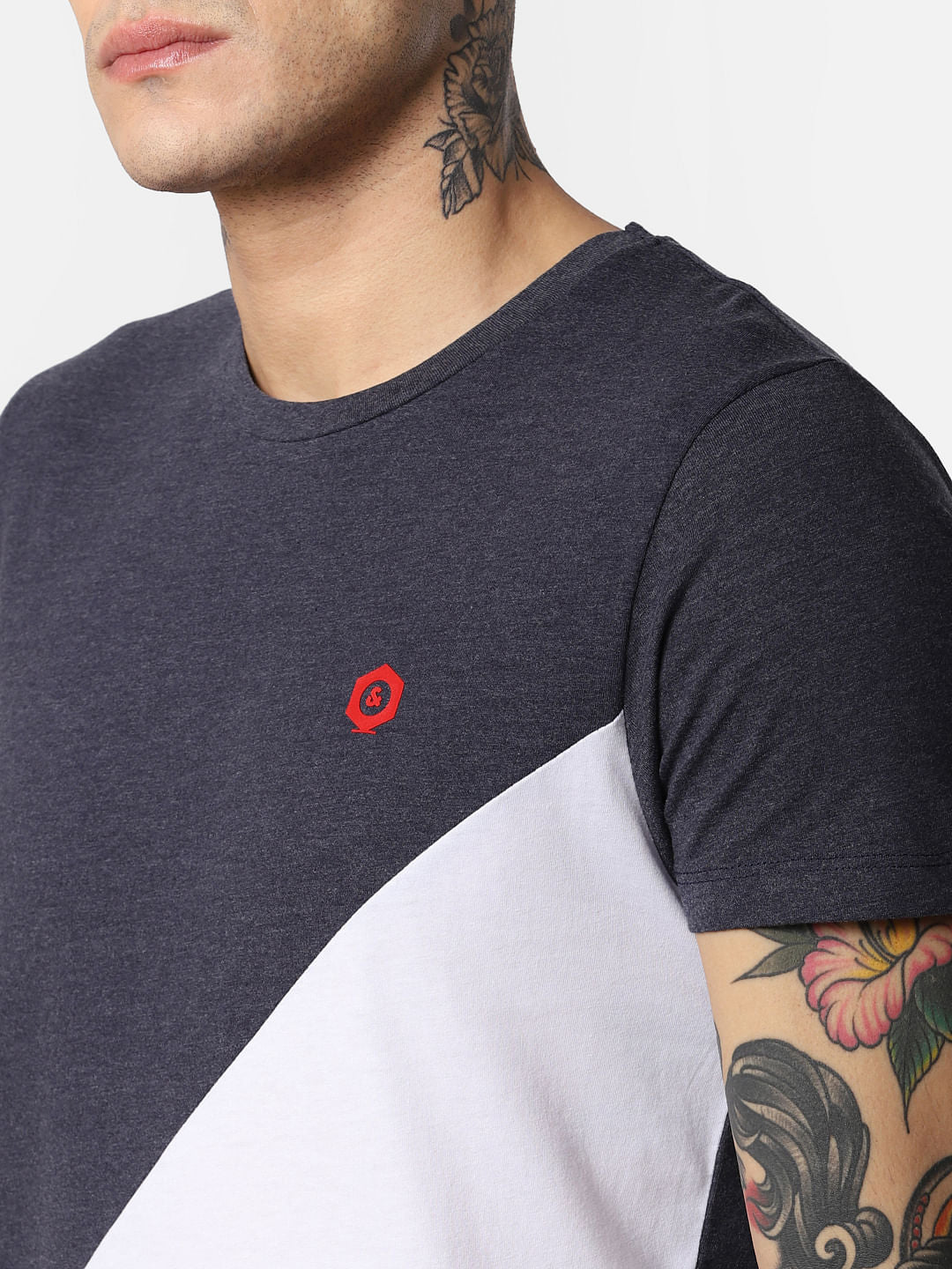 Navy Blue Colourblocked Crew Neck T-Shirt