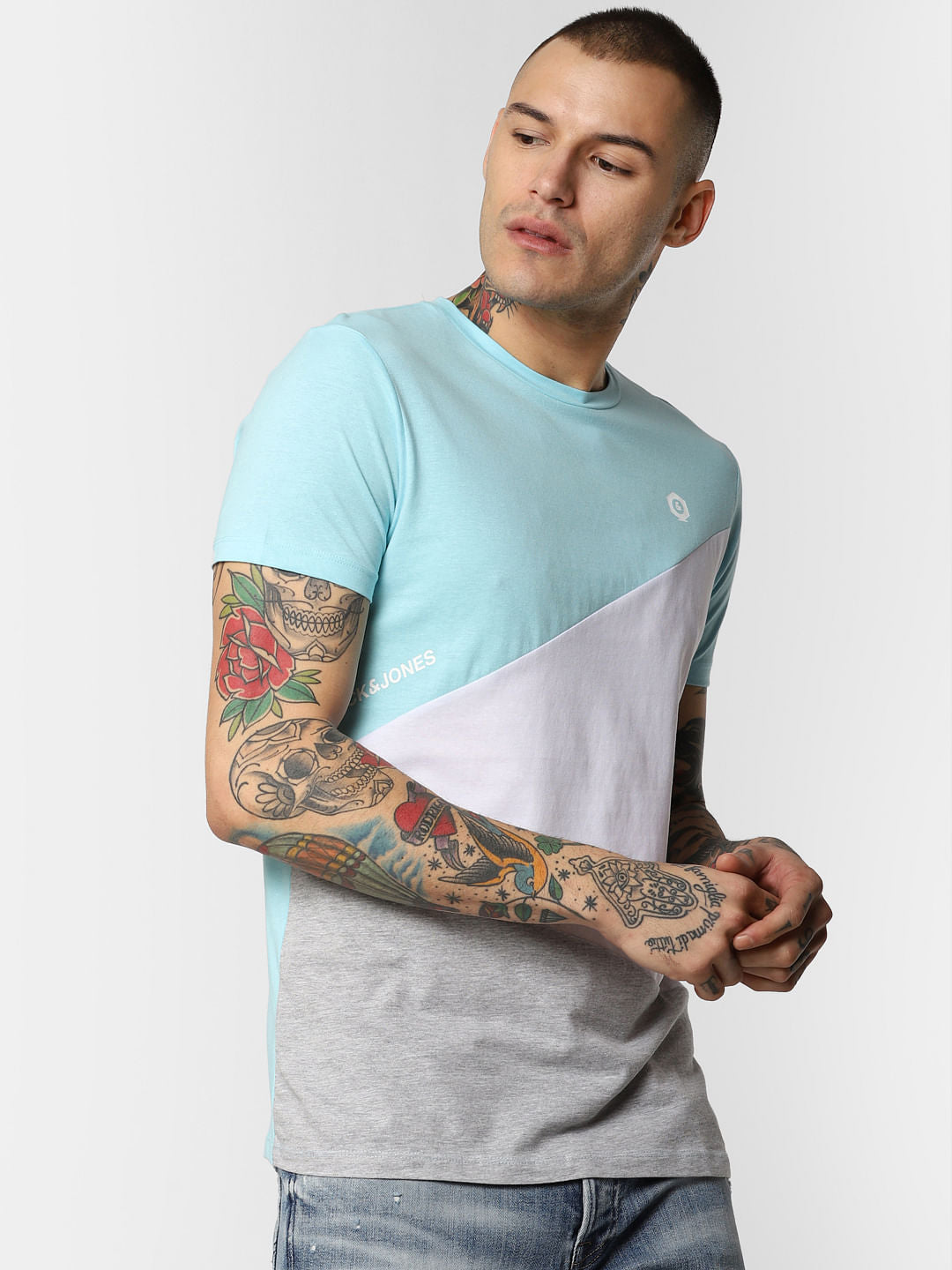 Blue Colourblocked Crew Neck T-Shirt