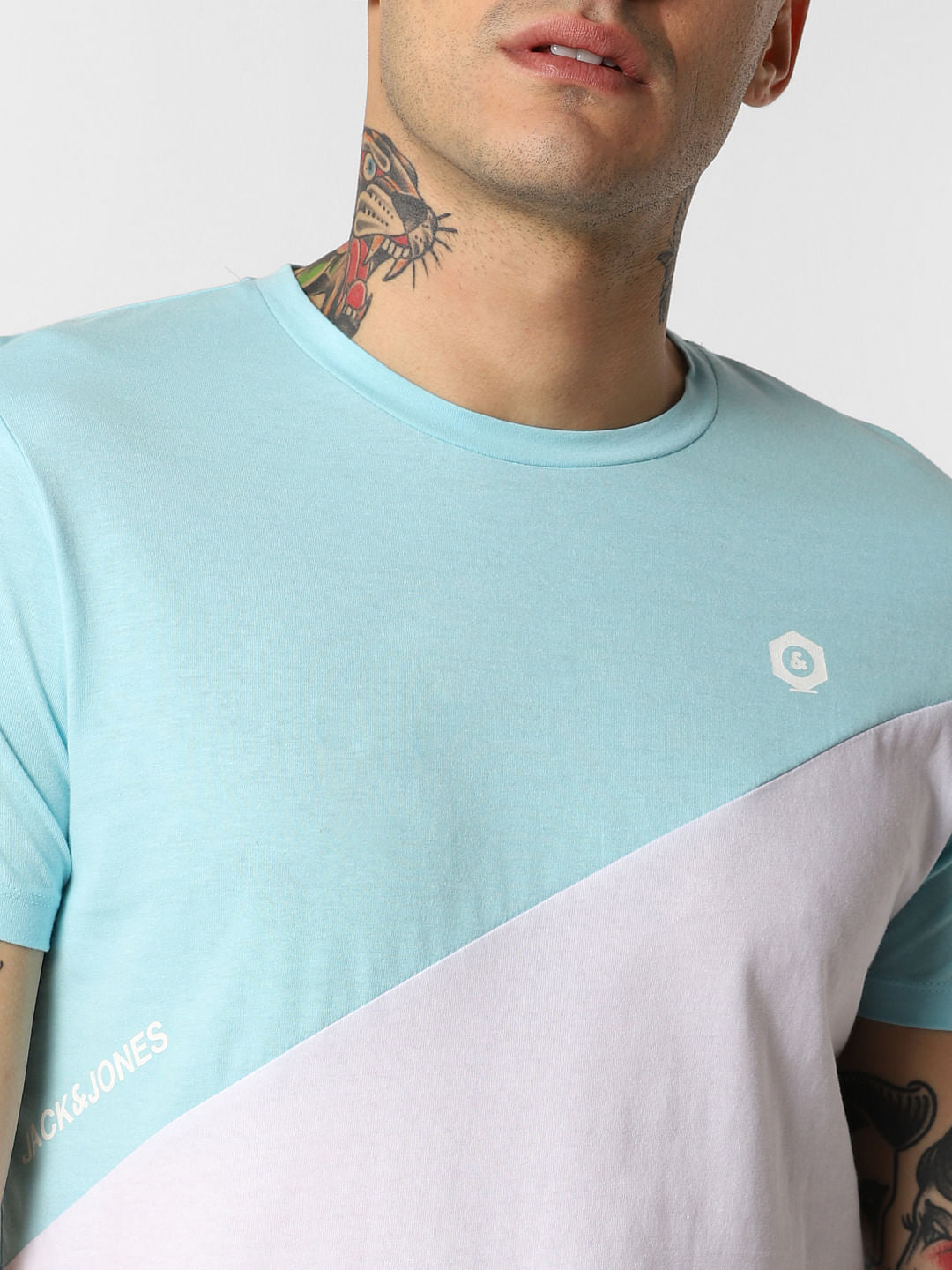 Blue Colourblocked Crew Neck T-Shirt