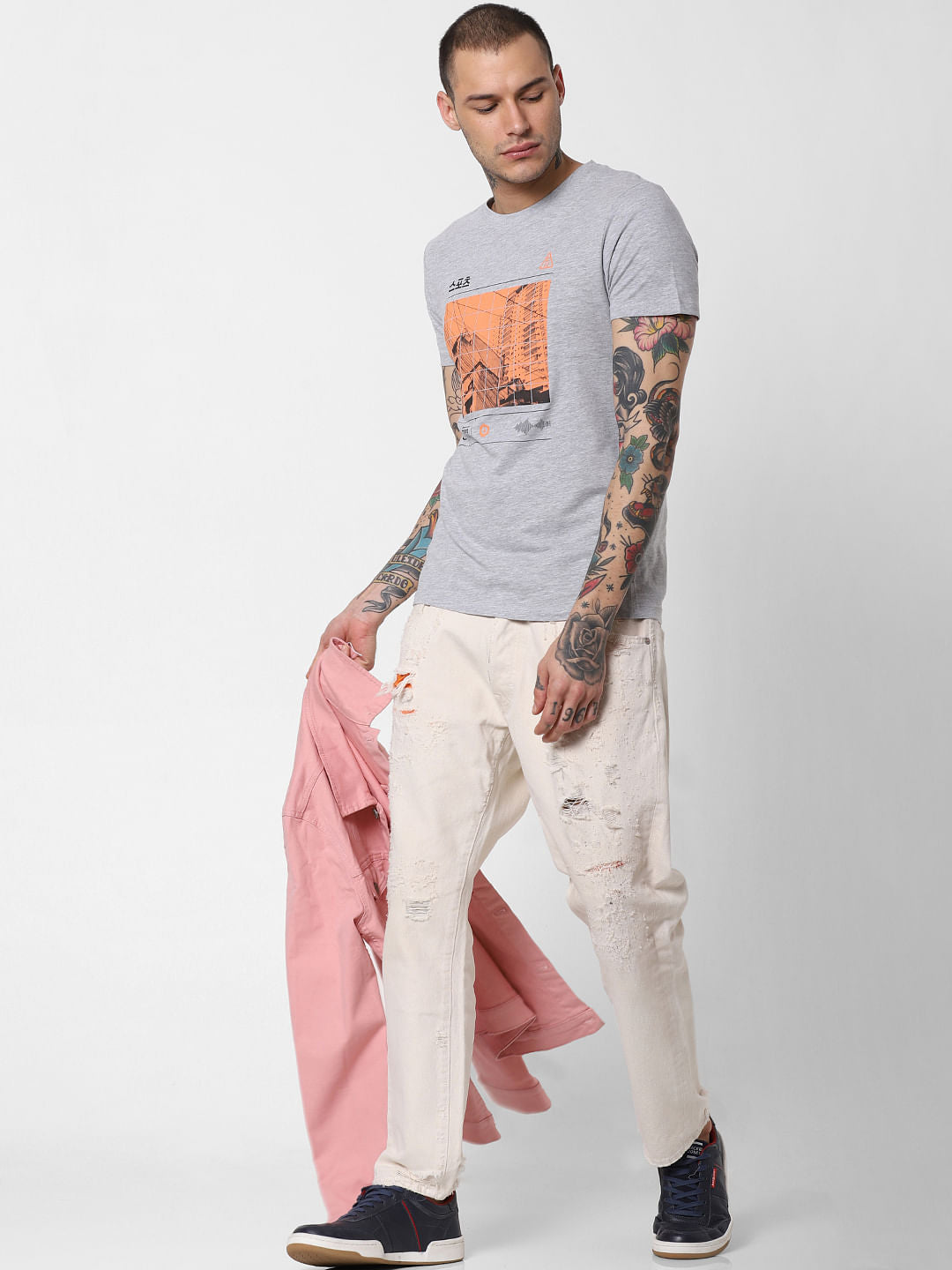 Grey Graphic Print Crew Neck T-Shirt - S