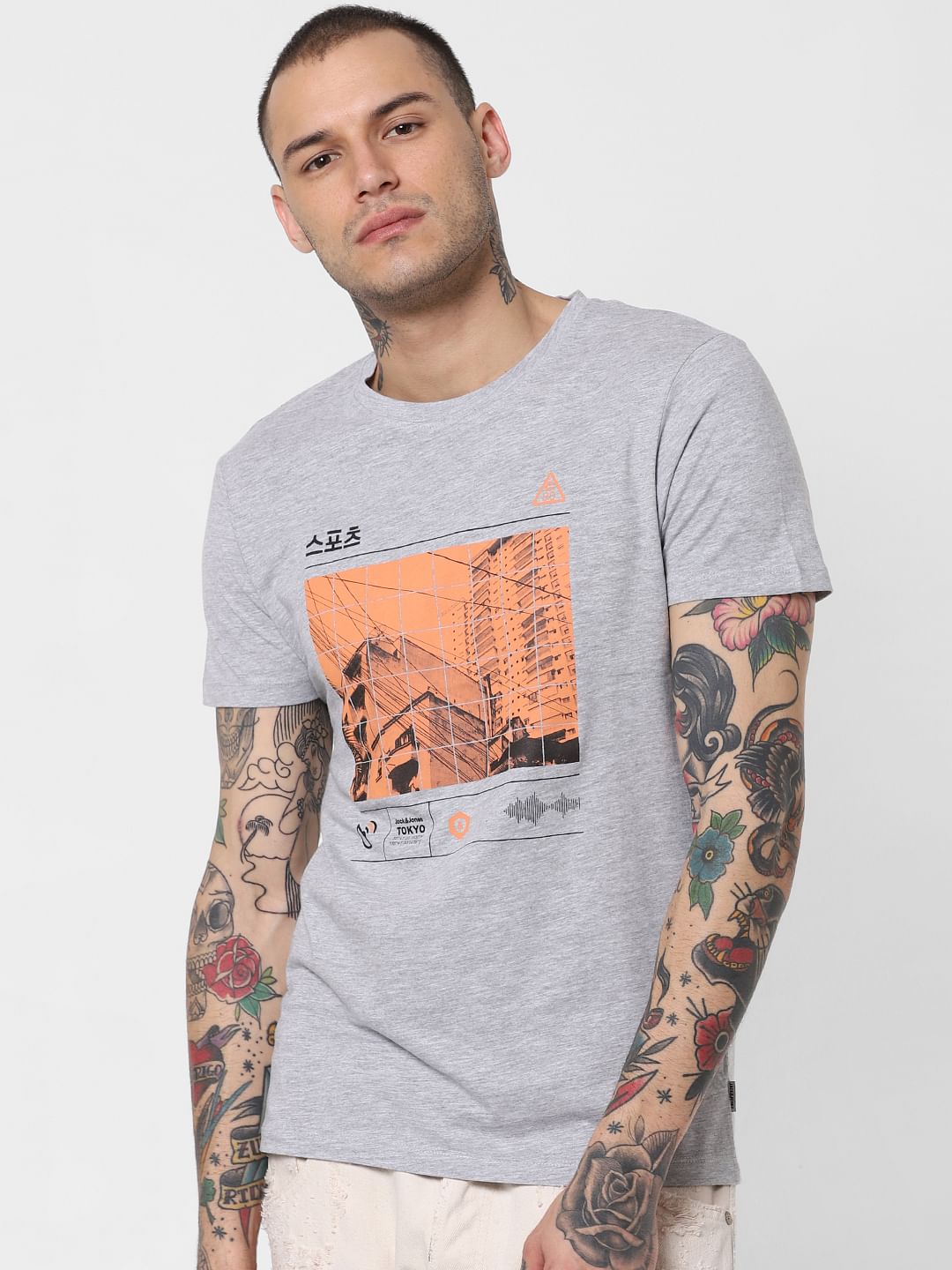 Grey Graphic Print Crew Neck T-Shirt