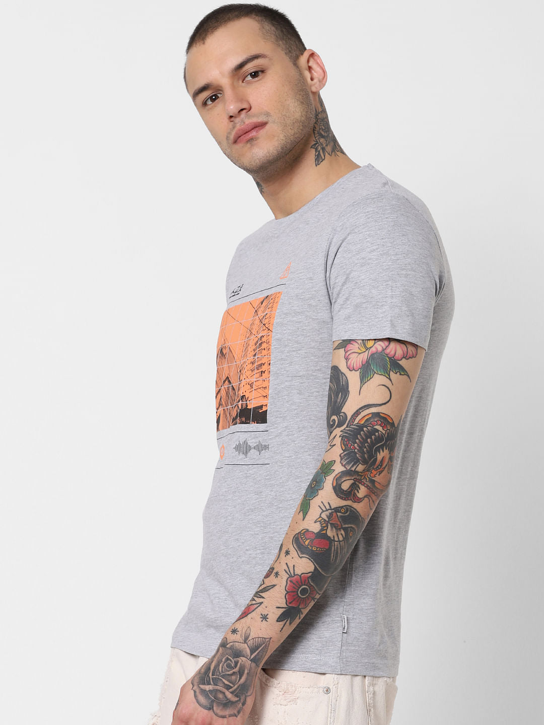 Grey Graphic Print Crew Neck T-Shirt