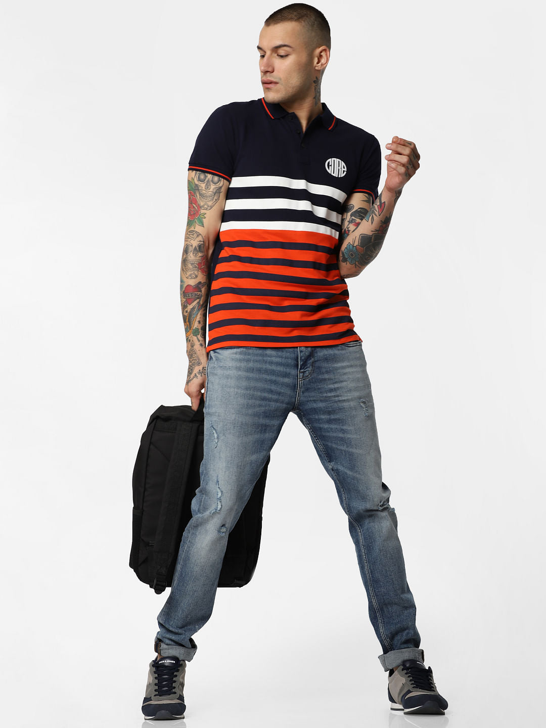 Navy Blue Striped Polo Neck T-Shirt - S