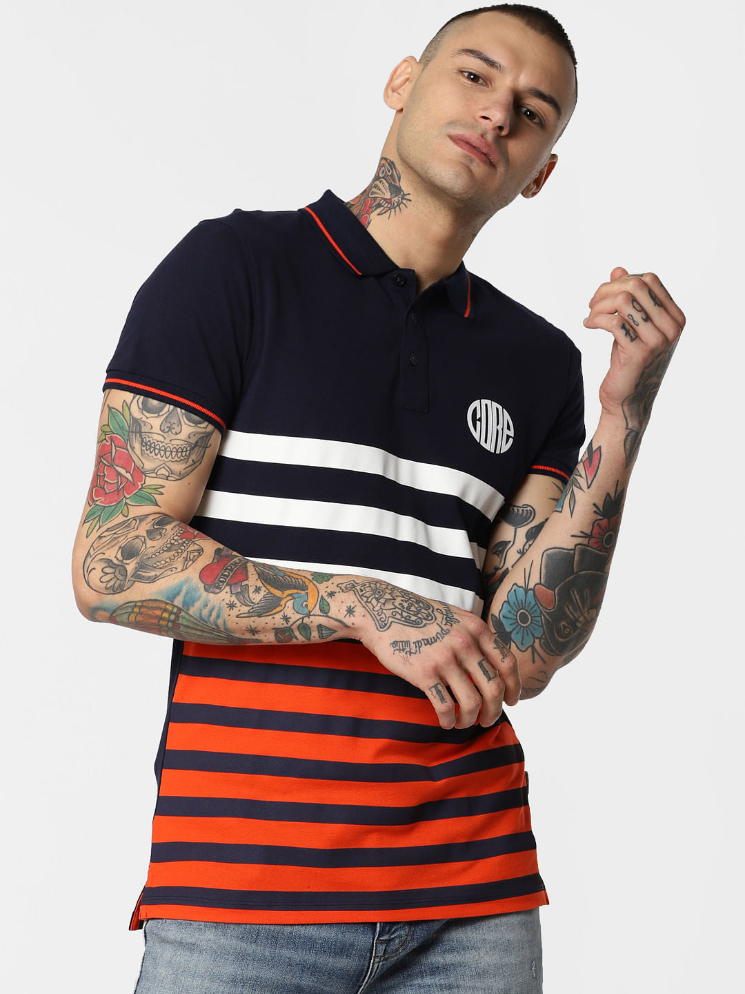 Navy Blue Striped Polo Neck T-Shirt