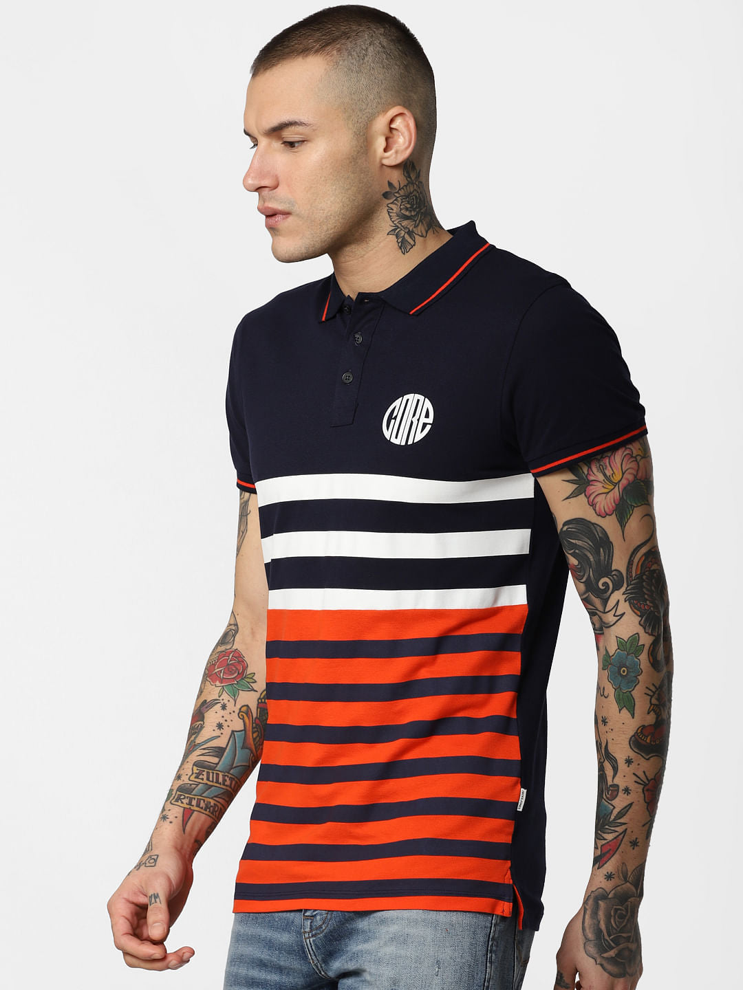 Navy Blue Striped Polo Neck T-Shirt