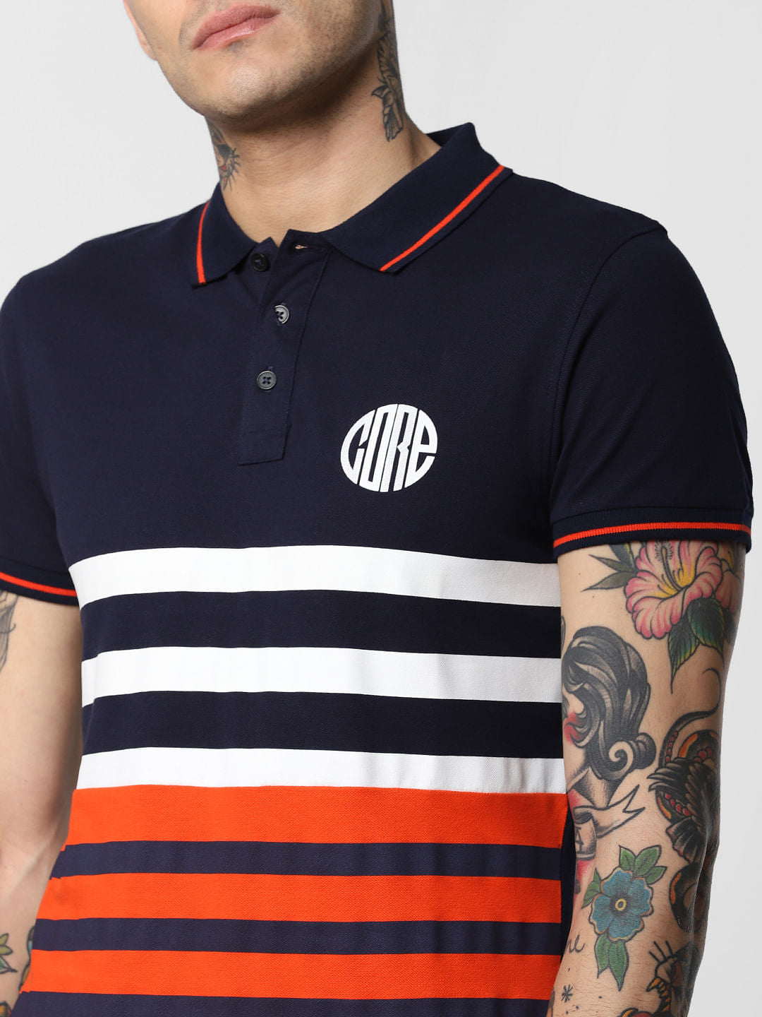 Navy Blue Striped Polo Neck T-Shirt