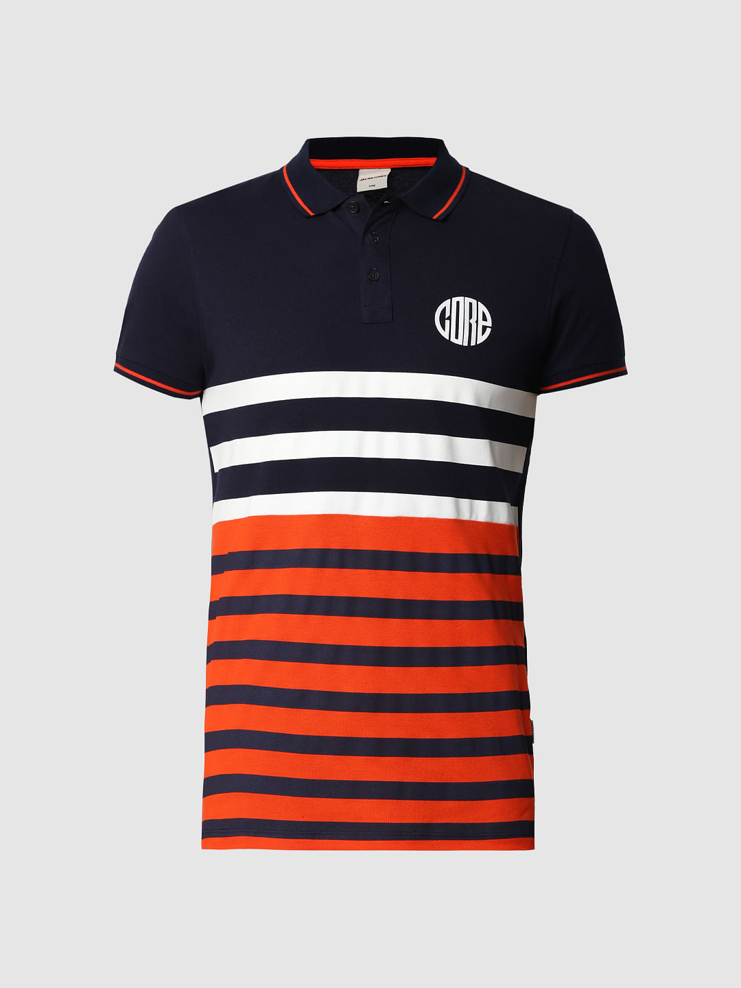 Navy Blue Striped Polo Neck T-Shirt