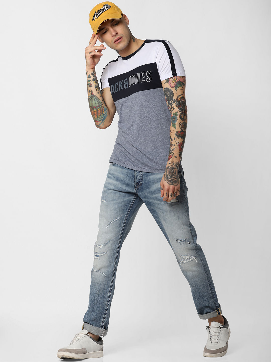 White Colourblocked Crew Neck T-Shirt - S
