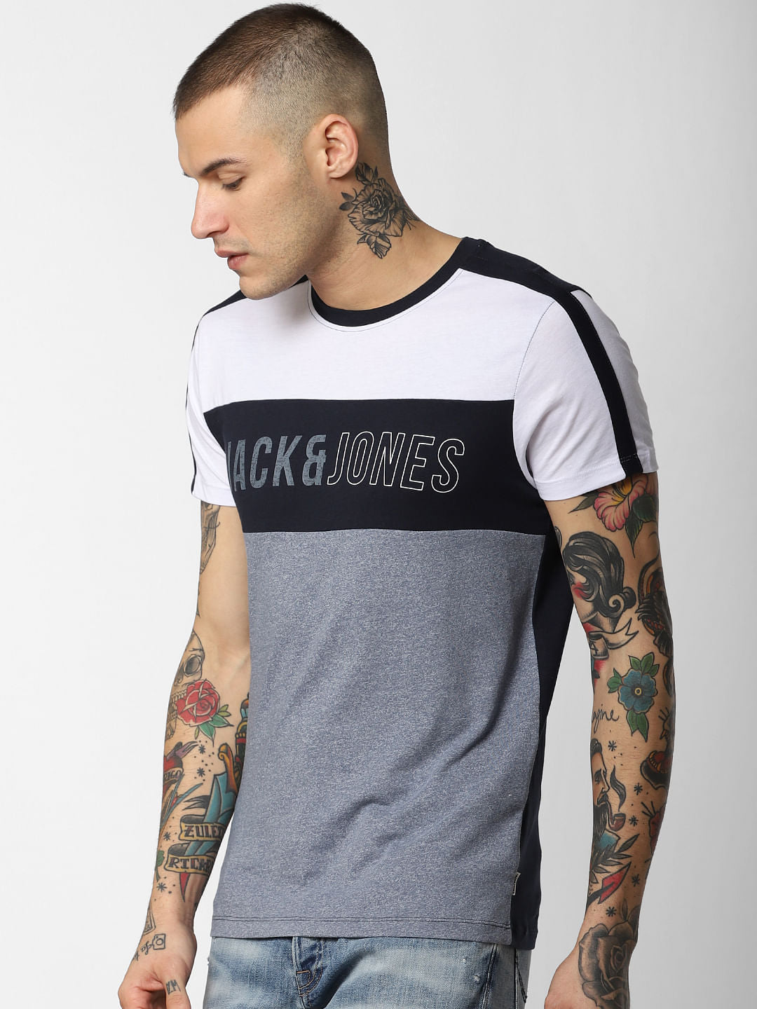 White Colourblocked Crew Neck T-Shirt
