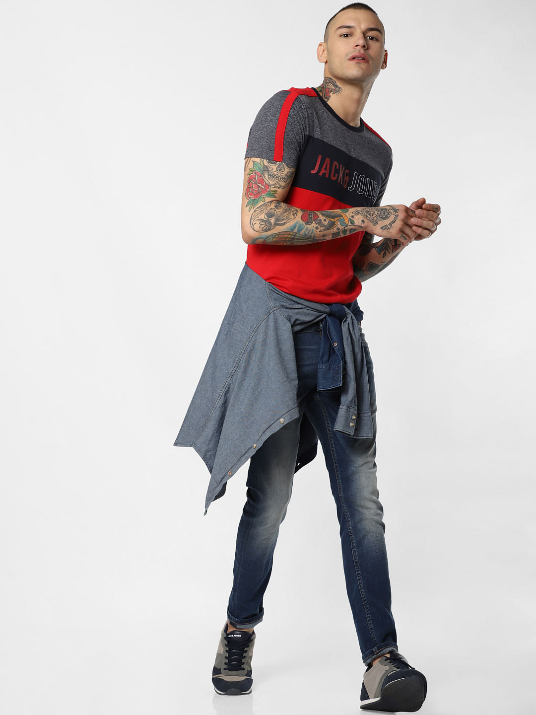 Red Colourblocked Crew Neck T-Shirt - S