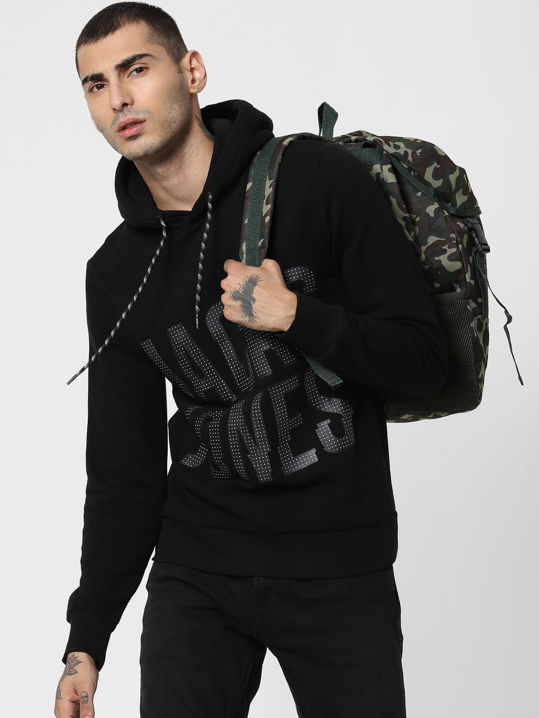 Black Logo Print Hooded Sweatshirt