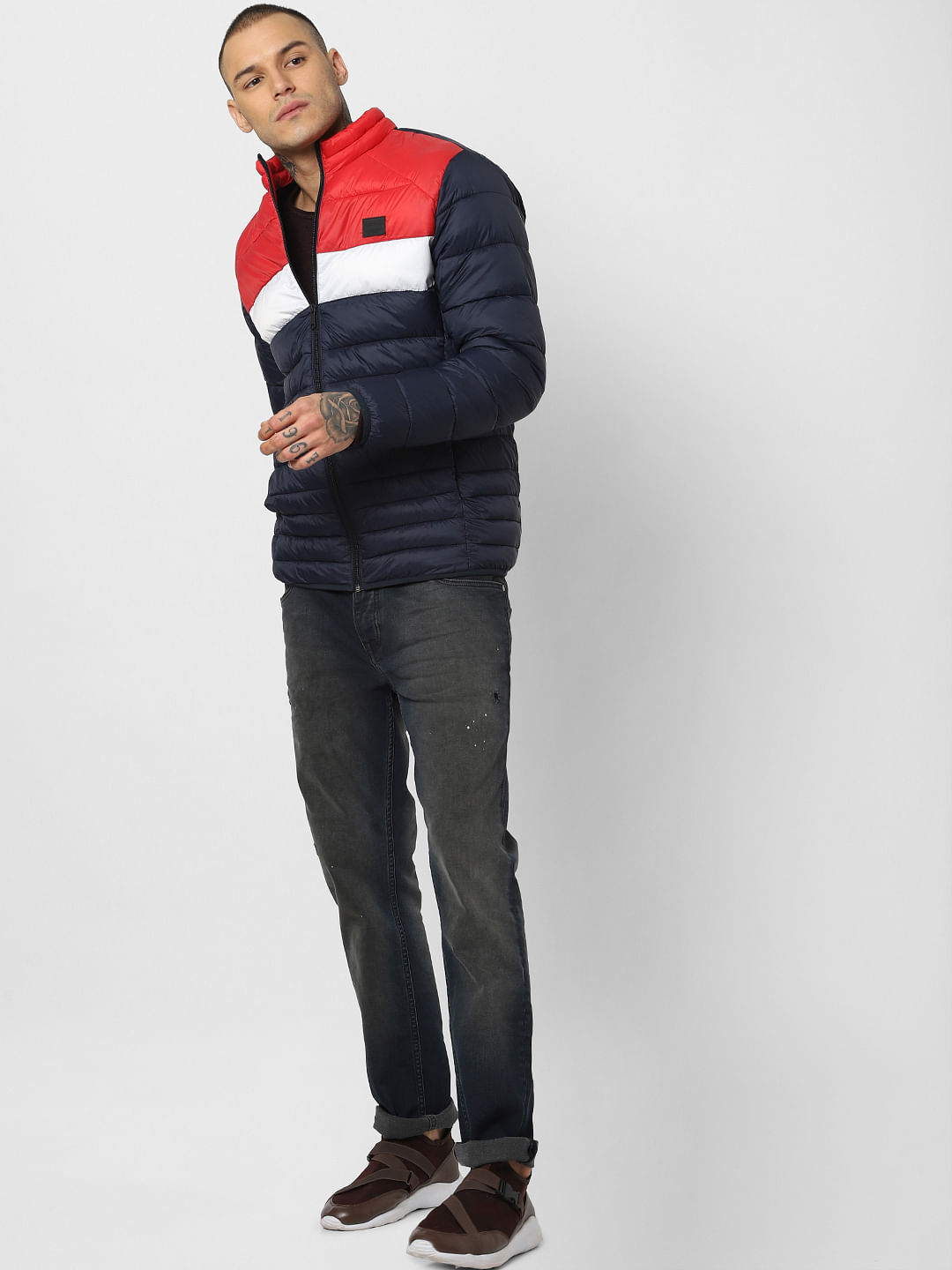 Red Colourblocked Puffer Jacket