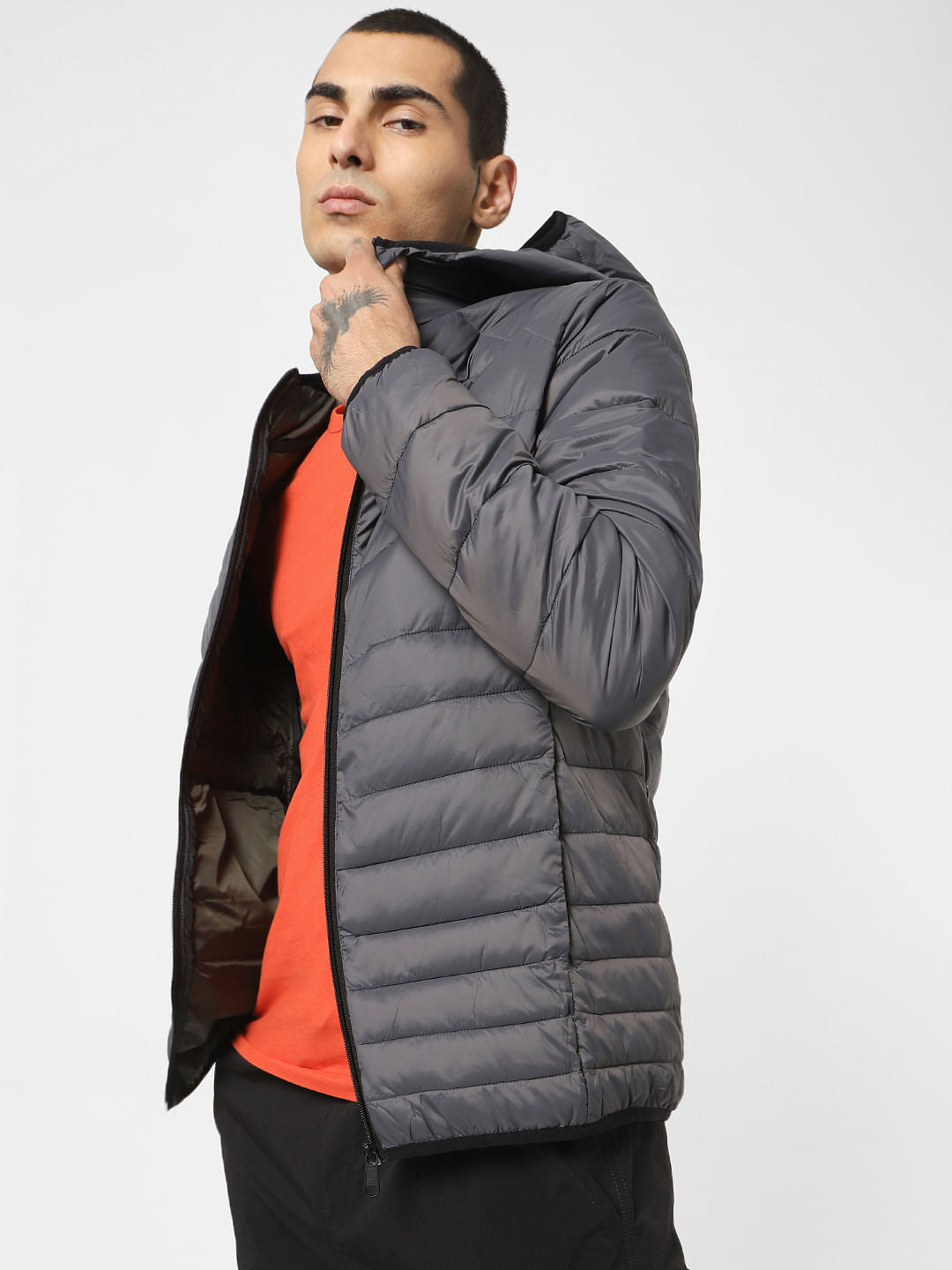 Grey Hooded Puffer Jacket - S