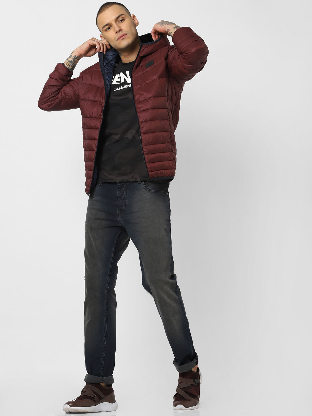 Burgundy Hooded Puffer Jacket - S