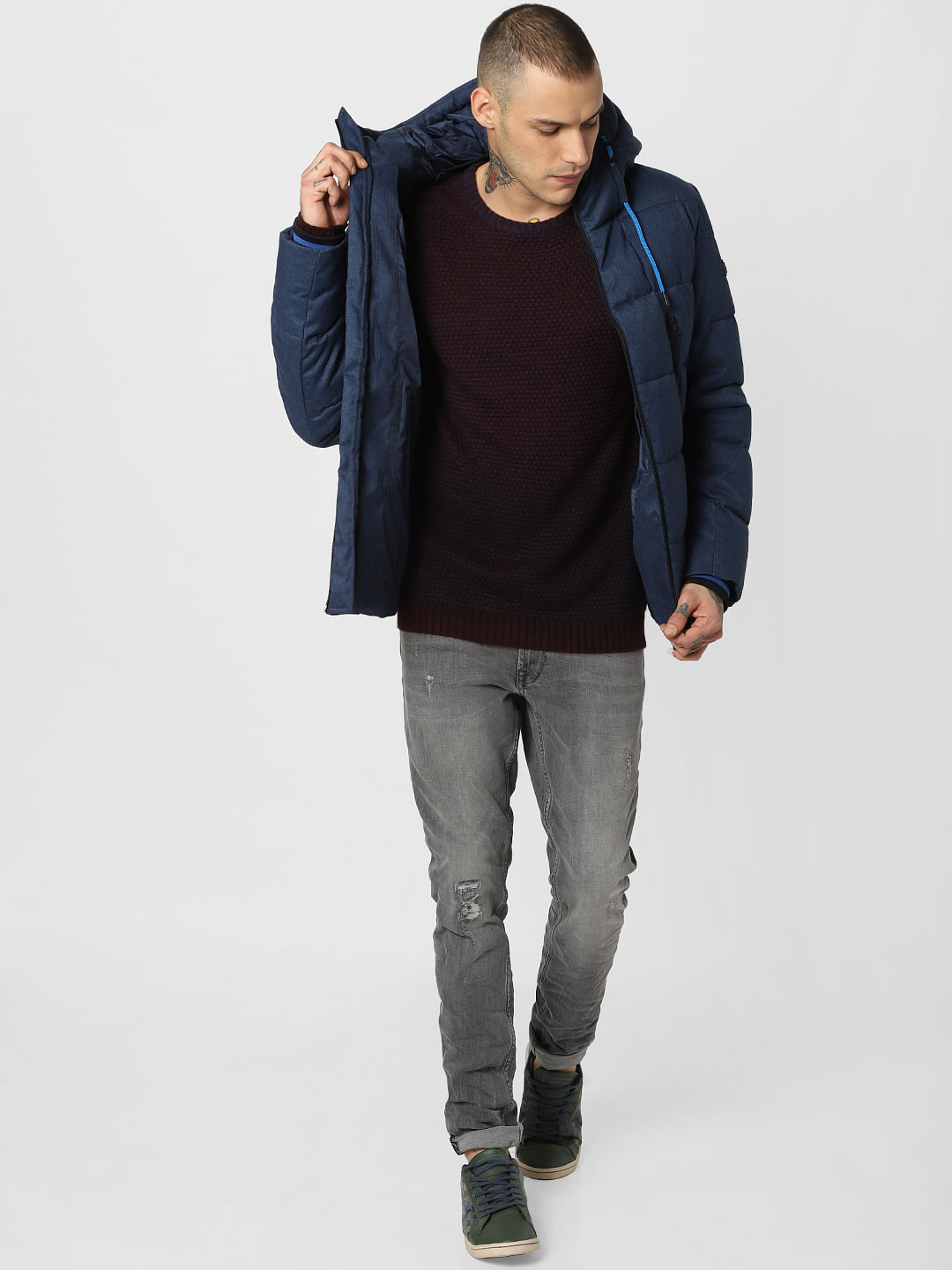 Blue Textured Hooded Puffer Jacket - S
