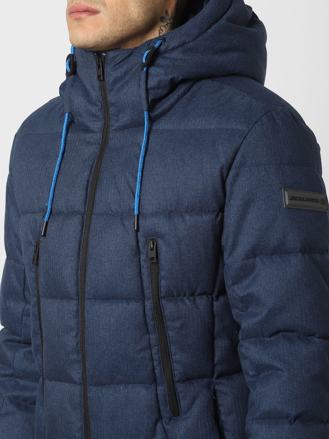 Blue Textured Hooded Puffer Jacket